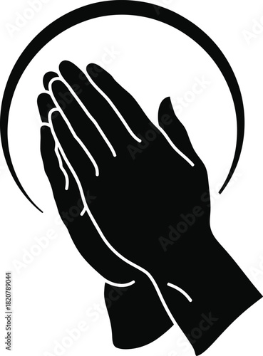 Vector black silhouette of praying hands with a halo, symbolizing faith, spirituality, and devotion, isolated on white background