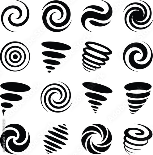 Vector collection of black and white swirl and spiral icons, representing motion, energy, and dynamic flow, isolated on white background