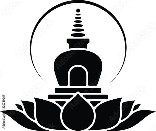 Vector buddhist stupa on lotus flower with circular halo, spiritual symbol, black silhouette isolated on white background