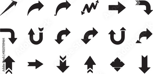 Vector arrow glyph icons of direction, move, pointer, rotate, turn, return, expand, merge, diverge and sign