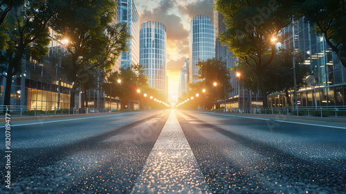 cinematic ground-level shot asphalt street in sunrise