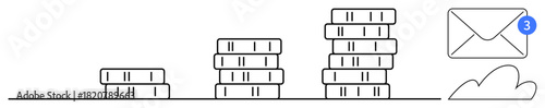 Stacked coins representing increasing wealth, envelope with notification for digital communication. Ideal for finance, investment, savings, banking, technology, growth email. Modern simple flat