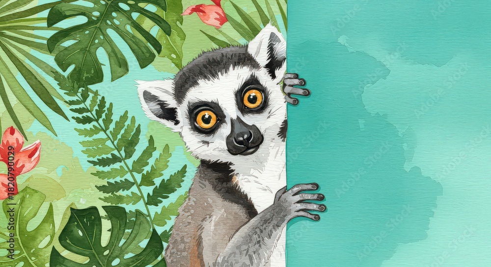 Obraz premium Lemur peeking around corner tropical illustration