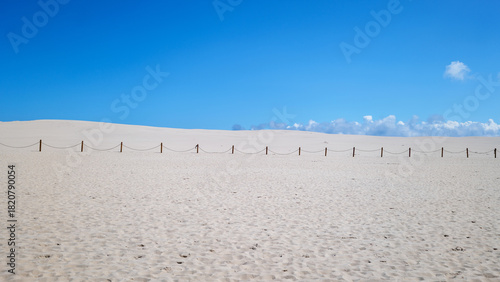 Fototapeta Naklejka Na Ścianę i Meble -  Sand dunes by the sea in Leba, Slowinski National Park, Poland. Safety barriers constructed of wooden posts and ropes. Beautiful desert landscape