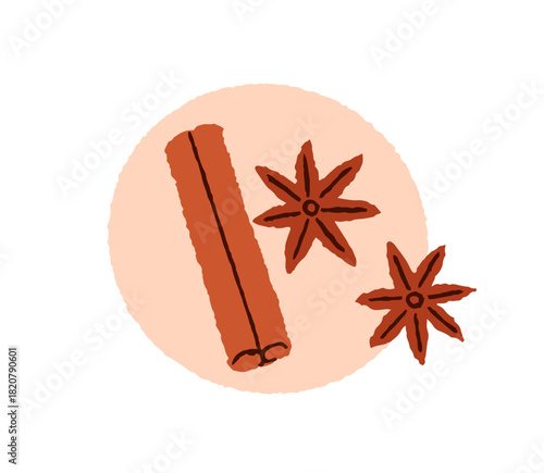 Cinnamon stick, roll and star anise, badian. Aromatic dry spices for baking, cooking, seasonal flavor. Natural winter condiments. Flat vector illustration isolated on white background