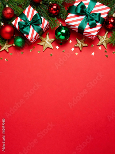 Christmas background with red ornaments, ribbon, and festive fir branches 3