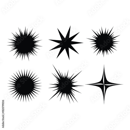 Collection of black starburst and sparkle icons on white background