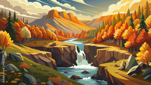 Very beautiful autumn view along Lava Island Falls Trail in Deschutes National Forest, Oregon, featuring golden foliage, flowing sections of the Deschutes River, and rugged volcanic terrain under cris