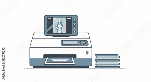 A Line Illustration of a Printer with a Screen Showing a Hand, with Paper Stacked Beside It