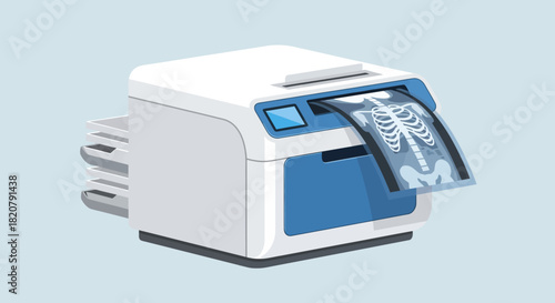 Modern medical printer outputting an X-ray film of a human ribcage, illustrating diagnostic imaging and healthcare technology. A digital printer processing patient radiology scans