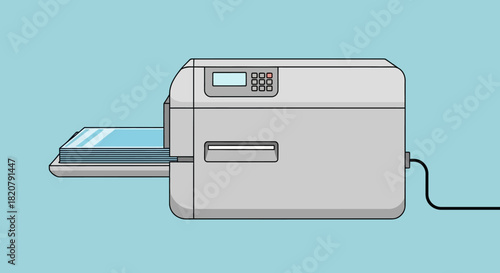 Illustration of a document scanner with a document emerging from the feed tray