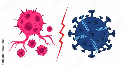 Conceptual illustration of cancer cells versus virus particles, emphasizing the fight against disease