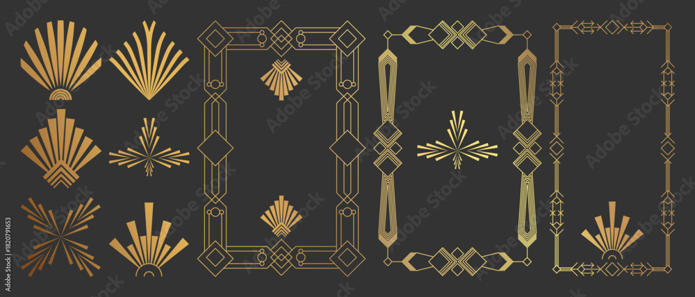 Naklejka premium Collection of geometric art deco ornament. Luxury golden decorative element with different line, frame, headers, dividers, borders, gatsby. Set of elegant design suitable for card, invitation, poster.