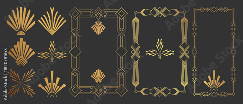 Collection of geometric art deco ornament. Luxury golden decorative element with different line, frame, headers, dividers, borders, gatsby. Set of elegant design suitable for card, invitation, poster.