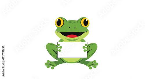 A cheerful green cartoon frog happily holds up a blank white sign, offering ample copy space for your important message or announcement.