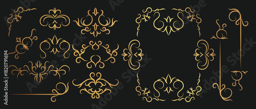 Collection of geometric art deco ornament. Luxury golden decorative element with different line, frame, headers, dividers, borders, gatsby. Set of elegant design suitable for card, invitation, poster.