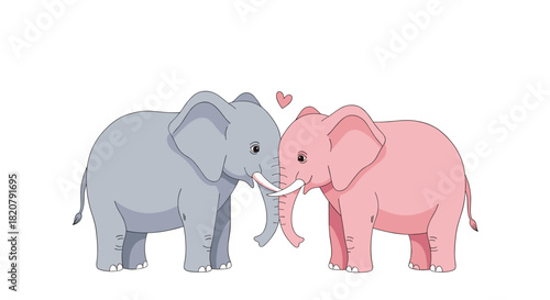 A loving pair of cute cartoon elephants, one grey and one pink, with intertwined trunks and a heart symbol of affection.
