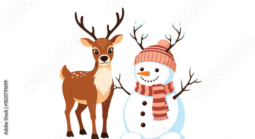 A friendly cartoon deer with spotted fur stands beside a cheerful snowman adorned with a striped scarf and winter hat.