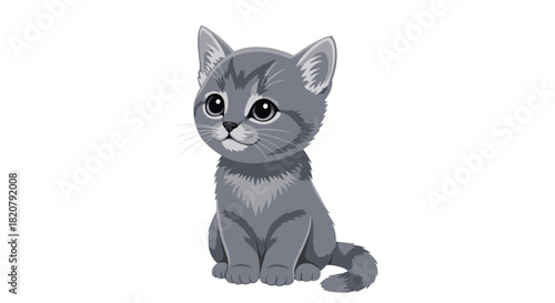 An adorable, cartoon-style grey tabby kitten sits looking gently with wide black eyes on a white background, perfect for children's designs.