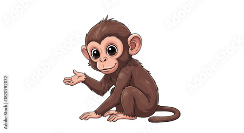 An adorable cartoon baby monkey illustration, with rich brown fur, sitting and making a welcoming gesture with one hand, isolated on a clean white background.