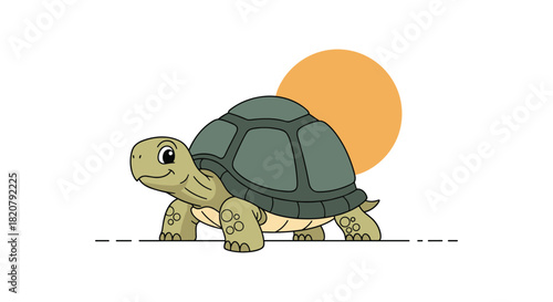 A cheerful cartoon turtle with a detailed green shell and smiling face walks across a white background with a bright orange sun.