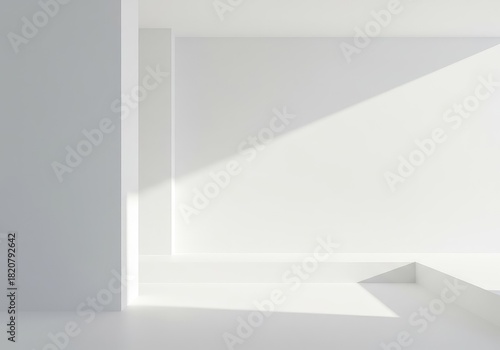 Bright, abstract, white architectural space illuminated by strong sunlight, emphasizing geometric simplicity and large blank areas for potential use ,space ,geometry ,shadow