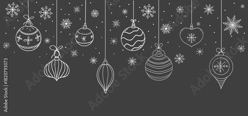 Christmas garland hanging balls, stars snowflakes sketch elements decorating for the Christmas and New Year chalk on blackboard. Design element, winter border, header 