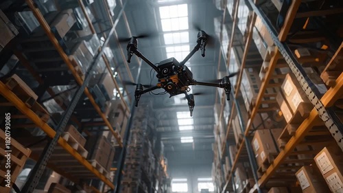 Warehouse drone delivering package and inspecting stacked cardboard box inventory. automation job shift dim warehouse aisle with cinematic lighting