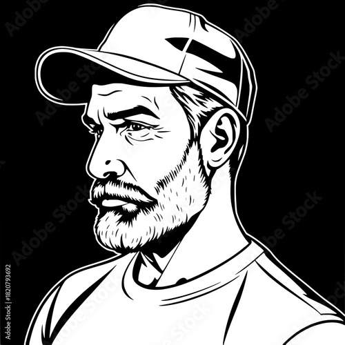 “Black-and-white vector portrait of a middle-aged Mediterranean man in profile, wearing a baseball cap and T-shirt, strong jawline, short beard, bold outlines, high-contrast shadows, minimalist logo-s