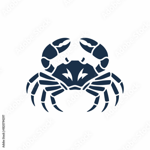 A stylized dark blue crab silhouette with sharp claws and legs on a white background.