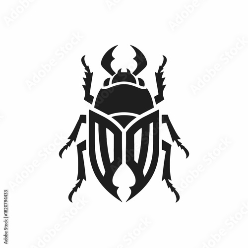 A bold, black, stylized graphic of a stag beetle on a clean white background.