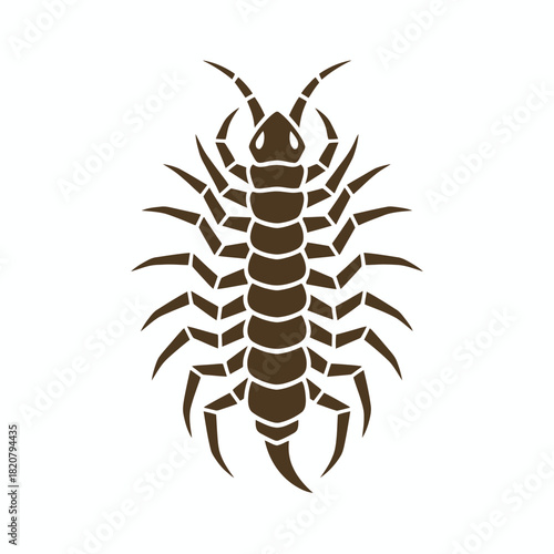 A stylized, dark brown illustration of a centipede with many legs and antennae, set against a white background.