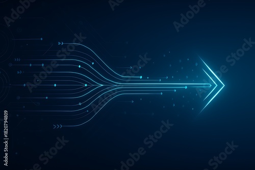 Multiple glowing data streams merging into single bright arrow, concept of alignment, strategy and focused business direction