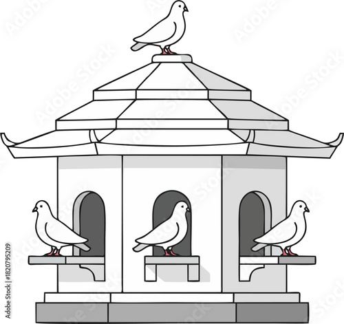Elegant White Pigeon House Vector, Flat Cartoon Dovecote with Birds