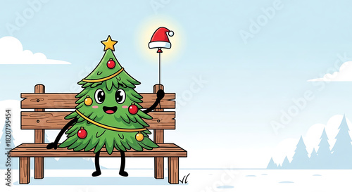 A cheerful cartoon Christmas tree with a Santa hat balloon sits on a park bench in a snowy landscape.