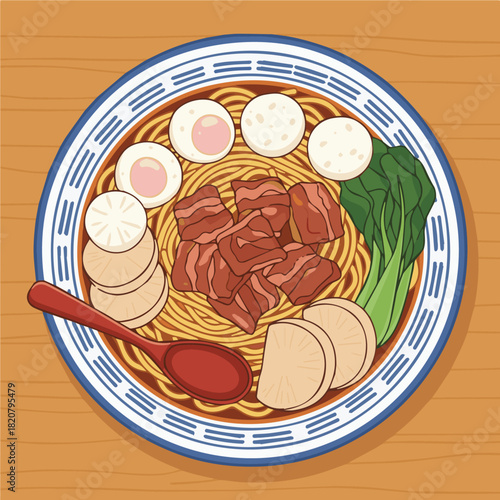 Cart Noodle Bowl (車仔麵)
A modern flat vector image of a cart noodle bowl with toppings like fish balls, radish, brisket, and leafy veggies.