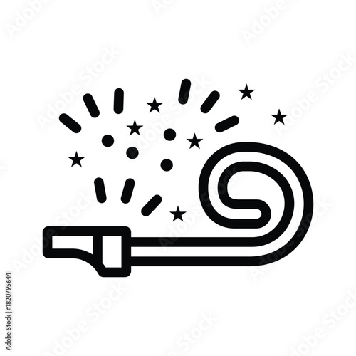 A party horn with confetti and stars around it
