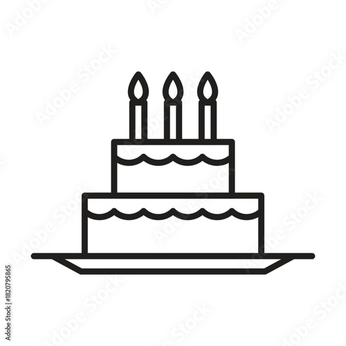 A simple line art drawing showing a twotiered cake with three candles on a platter