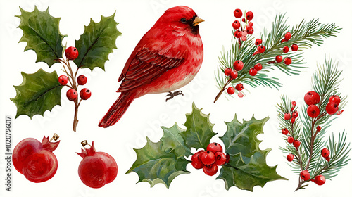 Festive Cardinal and Botanical Elements for Holiday Design