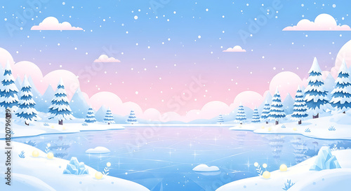 A serene cartoon winter landscape with a frozen lake, snowy pine trees, and a pastel-colored sky.