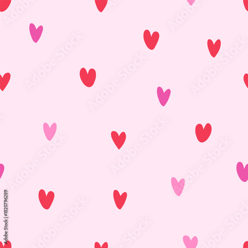 Heart pattern design. Seamless endless background with tiny hand-drawn valentines in doodle style. Cute romantic love texture, repeating print for wrapping, textile. Flat vector illustration