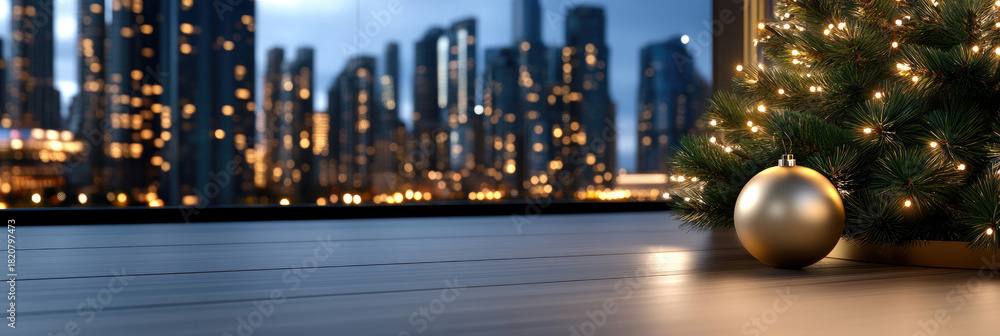 Obraz premium Christmas tree with glowing lights and wrapped gifts on modern penthouse terrace overlooking urban city skyline. Celebrating holidays in luxury apartment with large windows and evening view