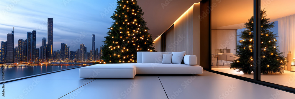 Naklejka premium Christmas tree with glowing lights and wrapped gifts on modern penthouse terrace overlooking urban city skyline. Celebrating holidays in luxury apartment with large windows and evening view