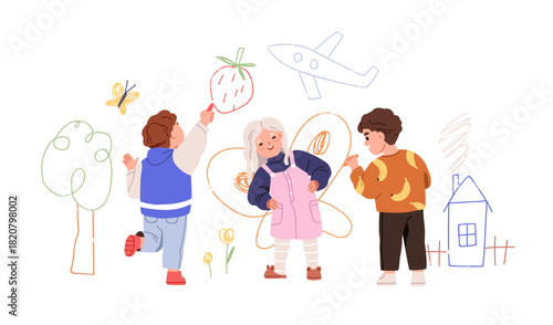 Kids drawing on wall. Happy children with chalk, crayon pencil sketching, scribbling doodles, butterfly. Creative preschool boys and girl. Flat vector illustration isolated on white background