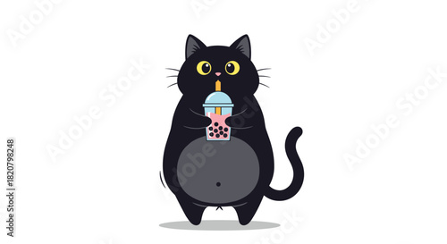 Adorable black cat enjoying a refreshing bubble tea with a straw, showcasing a cute and trendy lifestyle moment.