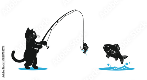 Playful black cat successfully fishing, catching a fish on its line, while another fish jumps nearby, symbolizing skill and success.