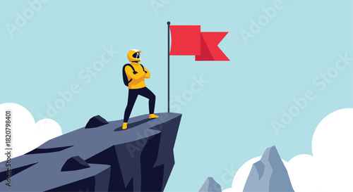 Adventurer stands on mountain peak with flag after successful climb representing achievement and overcoming challenges.