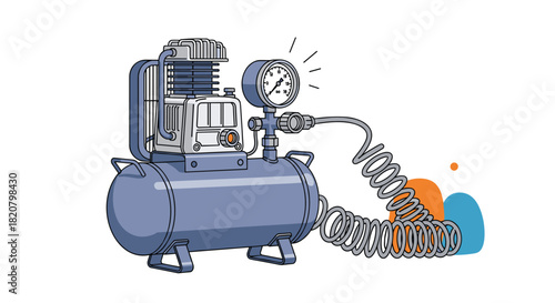 Industrial air compressor with a clear pressure gauge and coiled hose, surrounded by abstract colorful shapes.