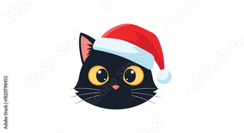 Cute black cat head with big yellow eyes wearing a festive red Santa hat ready for Christmas celebrations.