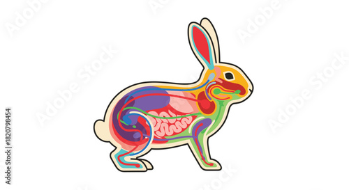 Colorful diagram illustrating the detailed internal anatomy and various organ systems of a rabbit for educational purposes.